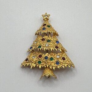 Eisenberg Ice‎ Brooch Christmas Tree Gold Tone Red Green Blue Holiday Pin